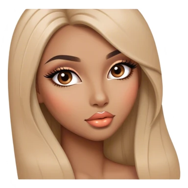 Glamourous, light brown skin tone, very beautiful girl, with big plump peach-beige lips, long long lashes, black straight smooth silky long hair, straight parting hair, brown eyes sticker