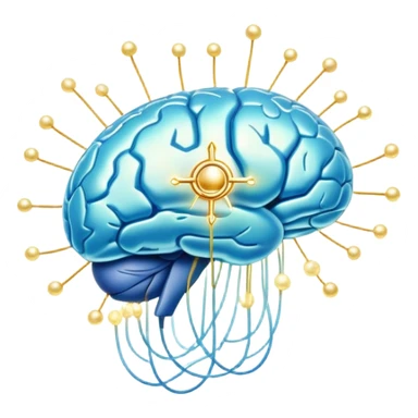 Shimmering pearlescent blue capsule floating in the foreground with an ethereal, glowing brain positioned behind it. Golden neural connections illuminate the brain. A small liver symbol nearby, all surrounded by a mystical aura of mental clarity sticker