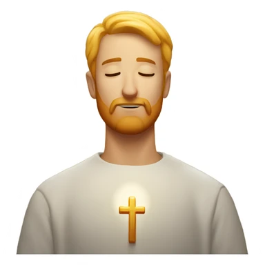 man with orange beard, short blond hair as he praying, with a holy shine behind him sticker