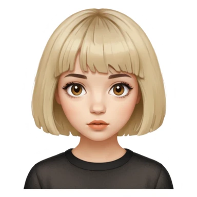 woman with editorial short french bob haircut tousled textured messy wavy hair short blunt baby bangs fringe sticker