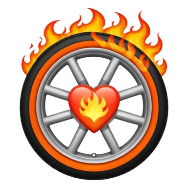 a car wheel on fire, and in the center of the wheel (instead of the car icon) there is a red flaming heart sticker