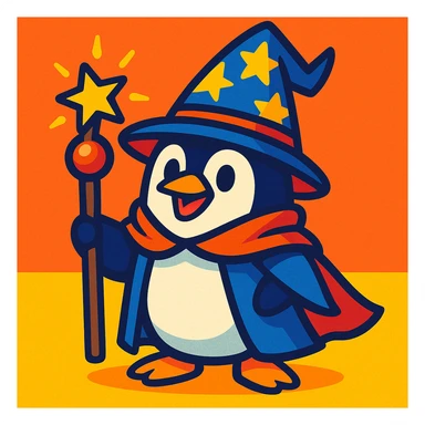 a penguin dressed as a wizard, with a pointy hat and a magic staff, in a fun and whimsical style, colorful vibrant toon style sticker