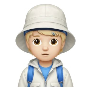 A little boy student white skin, blonde hair, with white bucket hat, white jacket, blue backpack sticker