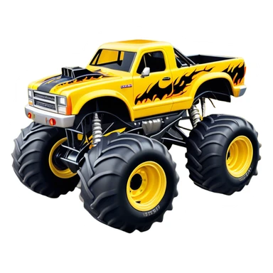 Maximum Destruction - Monster Jam (Model Year: 2021) (Iconic colour: Yellow with black flames) - A ferocious monster truck featuring a vivid yellow base accented by dramatic black flame patterns. Emphasize sharp, high-contrast flame streaks across the body, creating a look of aggressive, explosive energy. sticker