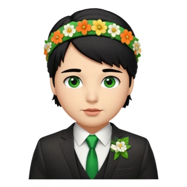 black haired green eyes very plump lips and floral headband that makes his hair look behind nicole peltz at wedding sticker