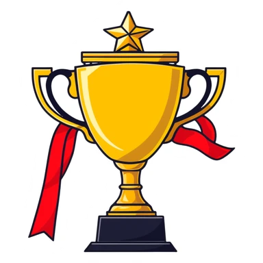 golden championship trophy with red ribbons sticker