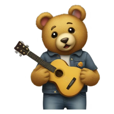 a teddy with a guitar holding hands with a chick with a camera and art st sticker