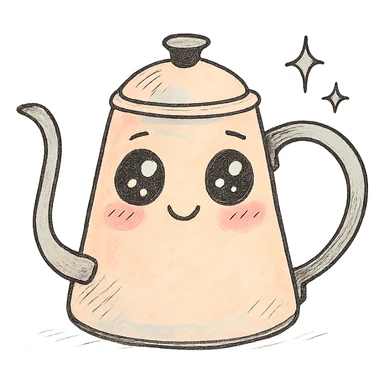 hand-drawn pour-over kettle, full body, big sparkling eyes, soft pastel colors sticker
