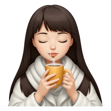 Dark brown hair with straight bang girl inside a white blanket sipping coffee eyes closed sticker