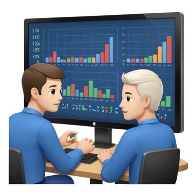 teaching somebody else in person, in the same place, watching the same monitor together, the trainee and trainer are in the similar age, two both are men, the monitor should be showing some data graphs  sticker