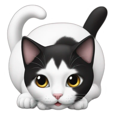 A white cat is licking a black cat sticker