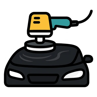 polishing machine icon on the surface of a glossy black car hood with reflection, main color black, metallic silver details, soft waves of shine around the polished area, modern and clean style, no text sticker