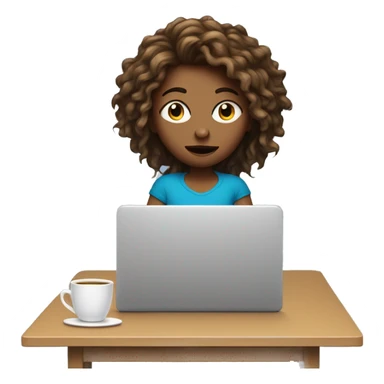 girl with blue eyes and disheveled hair sits on bed and looks at laptop with mug in hands sticker