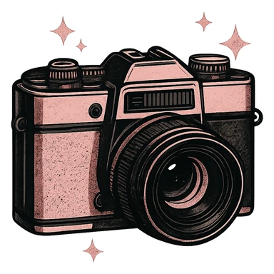 black and pink vintage camera with sparkles sticker