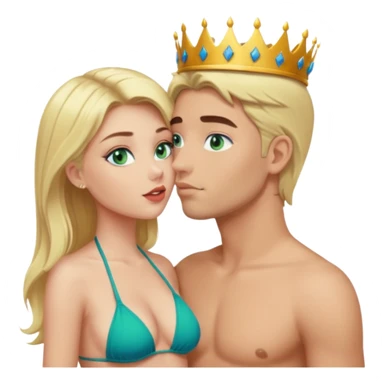 Blonde Queen Green eyes with crown in Bikini kissing Male subject without crown dark Hair blue eyes sticker