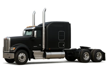 Kenworth W680 flattop black semi truck sleeper with tall chrome stacks, detailed, side view sticker