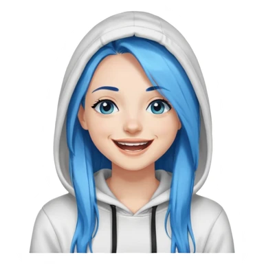Laughing-long-straight-medium-blue-hair-blue-eyes-black eyeliner-long-lashes-white-hooded-sweatshirt sticker