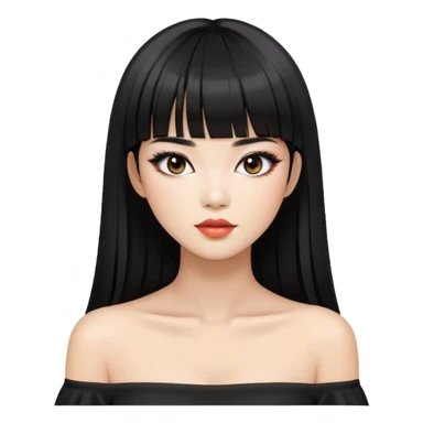 chic woman with Asian skin, black long straight bangs, wearing a black off-shoulder top, and makeup sticker