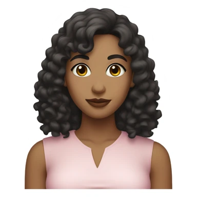 White woman with long black curly hair and bangs and dark brown eyes, wearing a pastel pink dress sticker