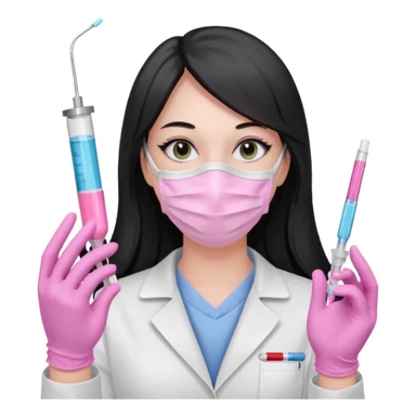 laboratorista con guantes rosa pastel y mascarilla rosa pastel jeringa tubo laboratorio sin lentes pelo lacio negro y largo sticker