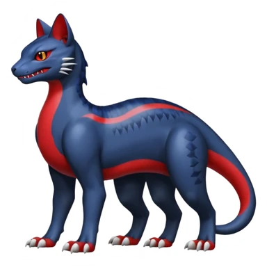 midnight blue-gray-black, with red markings, white belly, scaley Bastet-Liepard-Noibat-Gatomon-Garchomp-Digimon-Fakémon-Pokémon-creature (full body) sticker