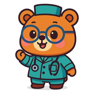 chibi bear with glasses wearing medical attire, animated style, cute and vibrant sticker