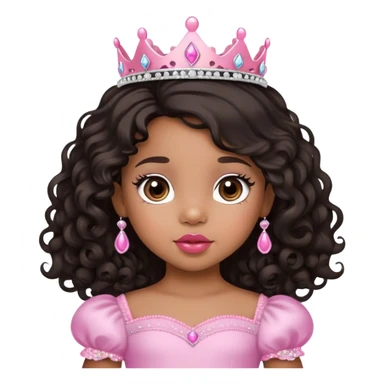 princess, medium brown skin tone, very adorable toddler, with big plump lips, long long lashes, black curly long hair, brown eyes, pink tiara sticker