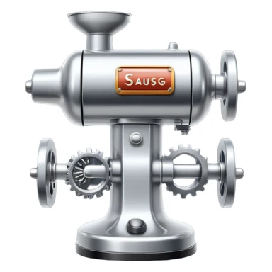sausage-processing droid. retro-futuristic style. top is a circular industrial meat grinder with rotating gears and blades. Two robotic arms feed material into grinder. Sausage links extrude from the rear like  factory. The body is metallic, compact, and floats above the ground.no legs. Dark humor sticker