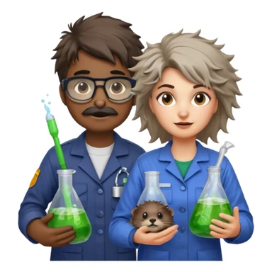 an otter disguised as a woman garbage collector next to a man mad scientist sticker