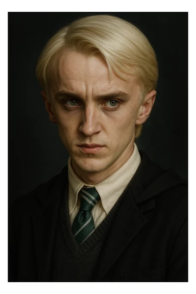 Draco Malfoy face inspired by Harry Potter, pale blond hair, sharp features, sly expression, school uniform, detailed portrait sticker