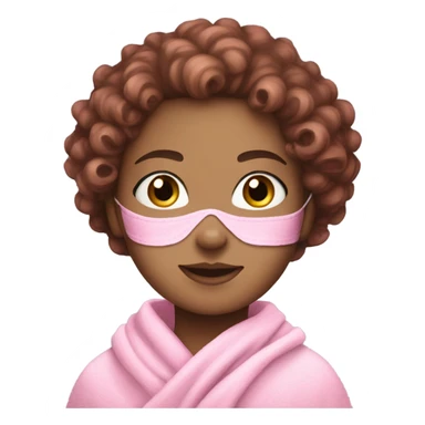 White skin girl with a pink face mask, curly and brown hair, and a pink hair towel  sticker