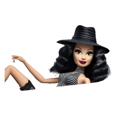 Bouclé Beauty Lingerie Barbie, Morticia Addams from academy, in dark-gray and black striped outfit with hat. Driving 1965 Mercedes 190 sticker