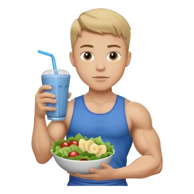 A young male person with a muscular, well-defined build. He has short dark blonde hair, a light skin tone, and a neutral facial expression. He wears blue cloth. He is holding a salad in one hand and a protein shake in the other. sticker
