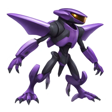 a shiny black-purple Genesect-Raptor-Fakémon—hybrid with a futuristic visor-helmet full body sticker