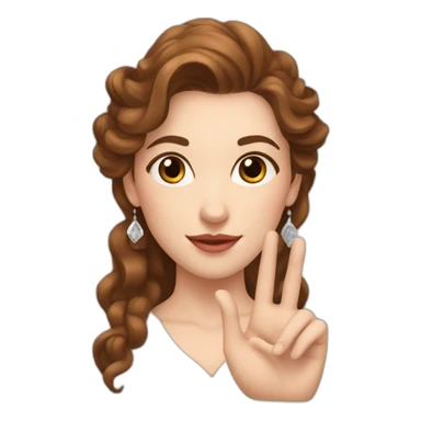 white beautiful woman, brown wavy hair, heart gesture by hands, long earrings sticker