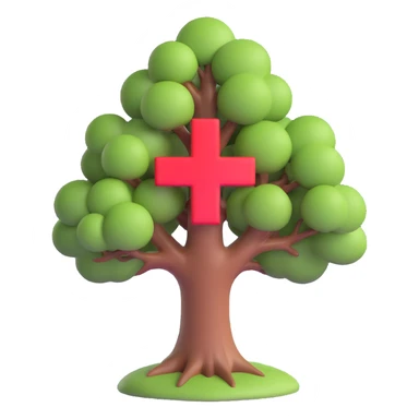 3D illustration of a full color tree with a red cross at its center, symbolizing healthcare sticker