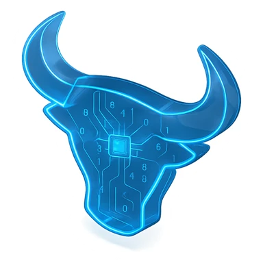 sleek futuristic bull head logo with blue neon glow, digital circuit style sticker