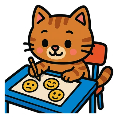 cute cartoon kitty sitting at a desk, drawing emoji faces sticker