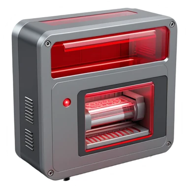 3D render of a compact processing machine, printer-like design:
- Rectangular industrial device with clean edges
- Red transparent window/panel on the front showing mechanical movement inside
- Small metallic gray gears visible through the window
- Red LED status lights on the top panel
- Subtle ventilation grids on the sides
- Minimal metallic gray housing
- Small red glowing details between panels
- Technical/industrial finish with slight reflection
- Modern, clean aesthetic like a high-tech printer
- Subtle red glow emission from internal mechanisms
--ar 1:1
--style raw
--v 5.2
--no text
--q 2
--c 20 sticker