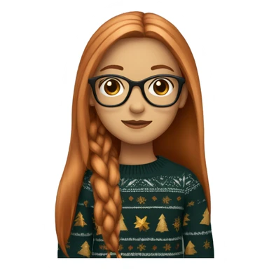 Pretty girl with long copper straight hair with black glasses and a christmas sweater sticker