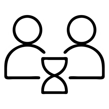 ultra-minimalist outlined icon of two figures with a small clock or hourglass, worn and distressed style sticker