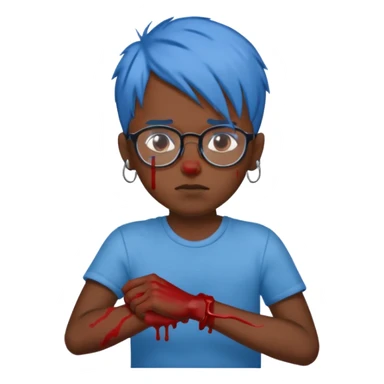 draw a black boy with glasses and blue hair cutting his wrist while bleeding not crying blood and with a neutral peaceful expression on his face sticker