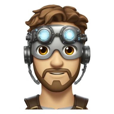 male cyborg head with brown short hair, brown beard, silver steampunk goggles and circuitry sticker