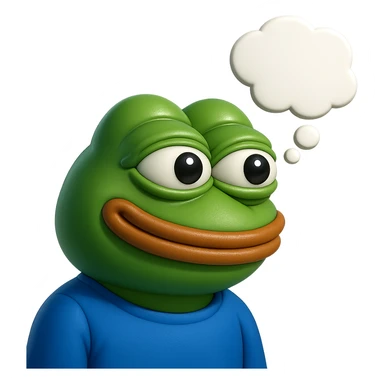 make a pepe in bright green smiling with thought bubble looking at left side in 3d style, good highlights and shadows, drop shadows sticker