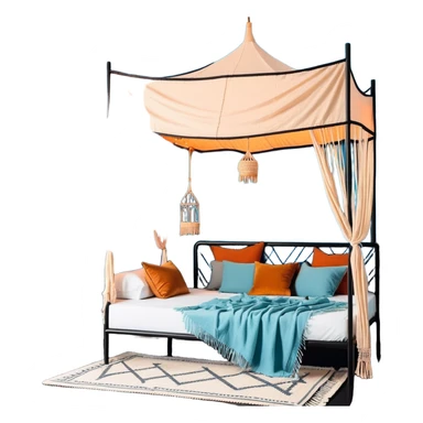 cozy boho bedroom with canopy bed, macramé wall hangings, and warm lighting sticker