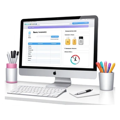 beauty salon inventory dashboard on iMac with notebook and pen nearby sticker