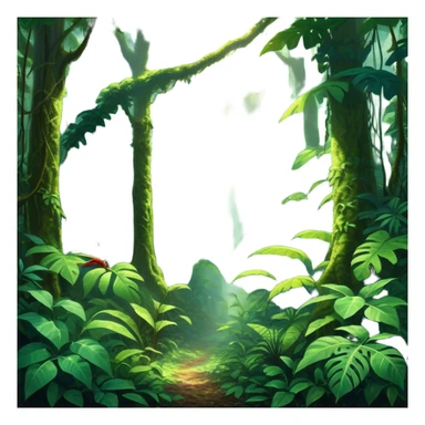 Cinematic Realistic Rainforest Emoji in a wooden frame, Lush and vibrant, filled with towering trees, thick vines, and dense green foliage, sunlight filtering through the canopy above, creating dappled patches of light on the rich, diverse undergrowth. The air is heavy with moisture, with mist rising from the forest floor and distant calls of exotic birds and animals echoing through the trees. Soft glowing outline, capturing the essence of a thriving, untamed tropical paradise filled with life! sticker