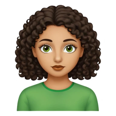 Create a zombie emoji inspired by a young woman with tanned skin, an oval face, large dark eyes, defined eyebrows, a small nose, and medium lips. Her hair should be long, curly, and dark brown. make a green skin like a zumbie original emoji sticker