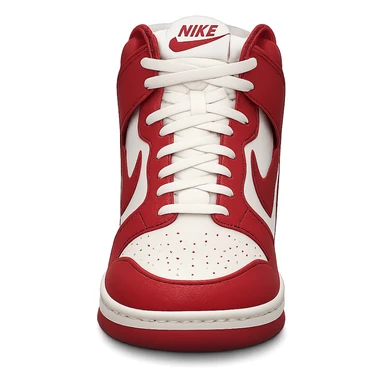 Nike sneaker, retro high-top, red and white, front view, minimal background sticker