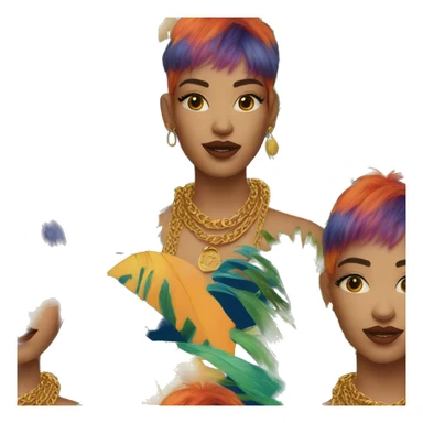 Person wearing funky tropical outfit collage with gold chain necklace and blue and ginger dyed hair sticker